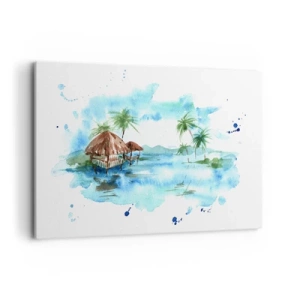 Obraz na płótnie - Akwarela tropikalnego krajobrazu z domkami i palmami - 120x80cm - Gdzieś na Pacyfiku - Nowoczesna dekoracja ścienna do salonu, kuchni i sypialni ARTTOR
