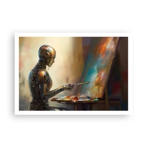 Plakat - Robot malujący na płótnie w artystycznym stylu - 100x70cm - Sztuka przyszłości - Nowoczesna dekoracja ścienna do salonu i sypialni ARTTOR