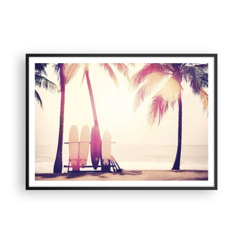 Plakat w czarnej ramie - Palmy i deski surfingowe na plaży w promieniach słońca - 100x70cm - To będzie wspaniały dzień - Nowoczesna dekoracja ścienna do salonu i sypialni ARTTOR