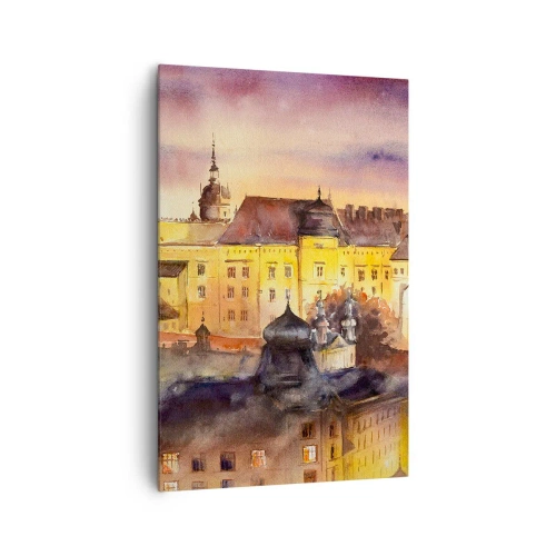 Obraz na płótnie - Malowniczy obraz zamku o zachodzie słońca w akwarelowym stylu - 80x120cm - Historia i baśń - Nowoczesna dekoracja ścienna do salonu i sypialni ARTTOR