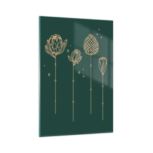 Obraz na szkle - Złote rysunki ziół na tle ciemnozielonym - 80x120cm - Rodzina ZIÓŁkowskich - Nowoczesna dekoracja ścienna do salonu i sypialni ARTTOR