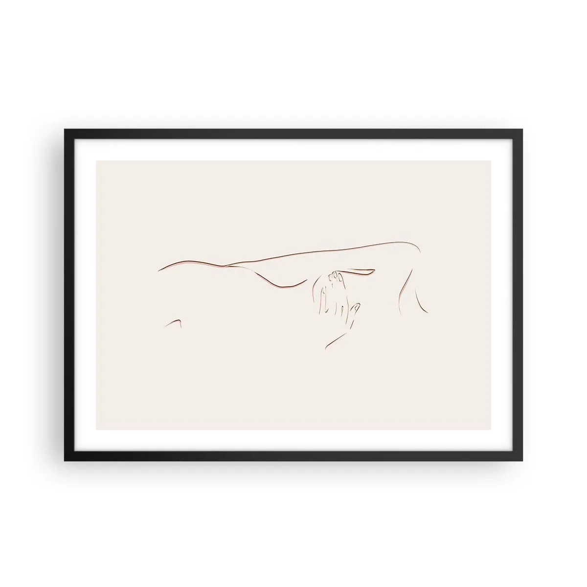 Plakat w czarnej ramie - Subtelny rysunek linii przedstawiający sylwetkę na jasnym tle - 70x50cm - Kształt pragnienia - Nowoczesna dekoracja ścienna do salonu i sypialni ARTTOR