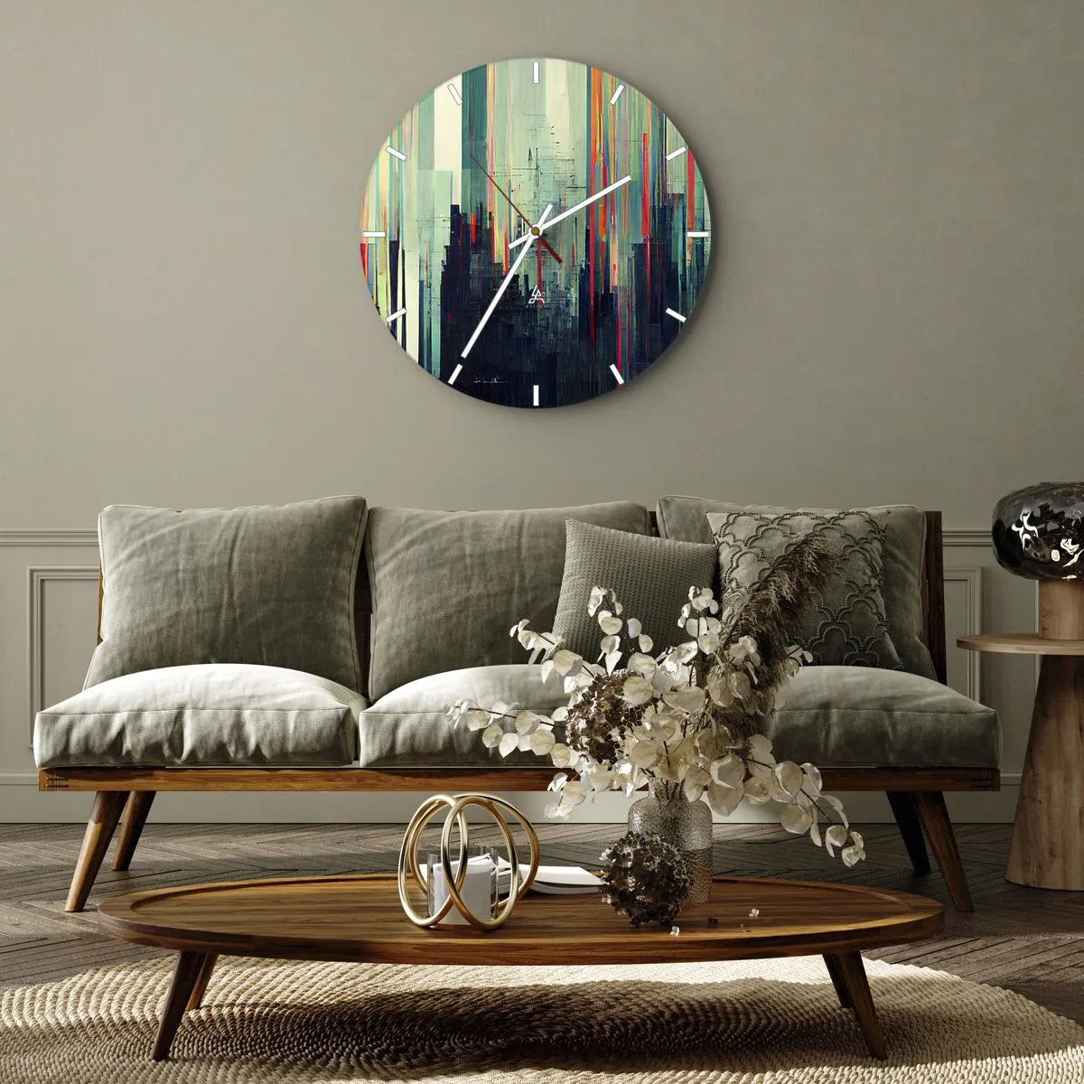 Zegar ścienny - Kolorowa abstrakcja z pionowymi liniami przypominającymi miasto - 30x30cm - Futurystyczne miasto - Nowoczesna dekoracja ścienna do salonu, kuchni i sypialni ARTTOR