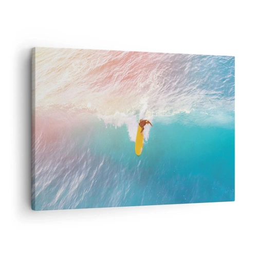 Obraz na płótnie - Surfer na fali w pastelowych kolorach - 70x50cm - Oceaniczny jeździec - Nowoczesna dekoracja ścienna do salonu i sypialni ARTTOR