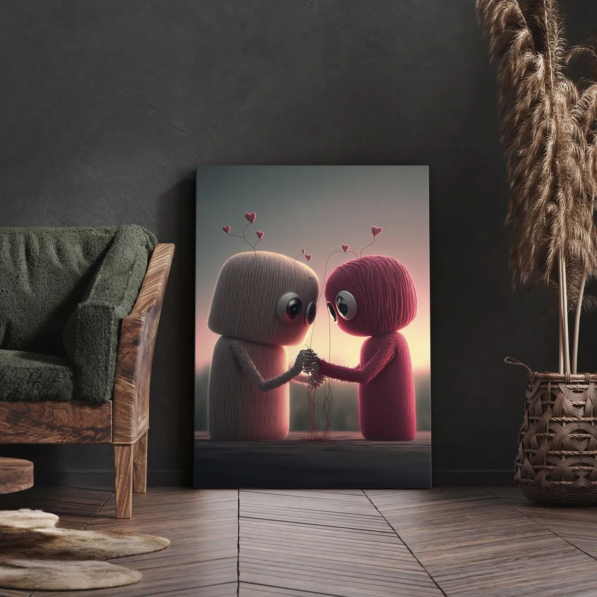 Obraz na płótnie - Urocze postacie z włóczki trzymające się za ręce z sercami unoszącymi się nad głowami - 50x70cm - Każdemu wolno kochać - Nowoczesna dekoracja ścienna do salonu, kuchni i sypialni ARTTOR