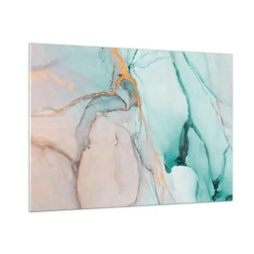 Obraz na szkle - Abstrakcyjna kompozycja w odcieniach turkusu i złota - 100x70cm - Taniec kształtów i barw - Nowoczesna dekoracja ścienna do salonu, kuchni i sypialni ARTTOR