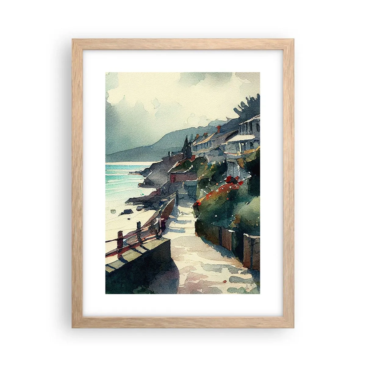 Plakat w ramie jasny dąb - Śródziemnomorskie miasteczko - 30x40 cm