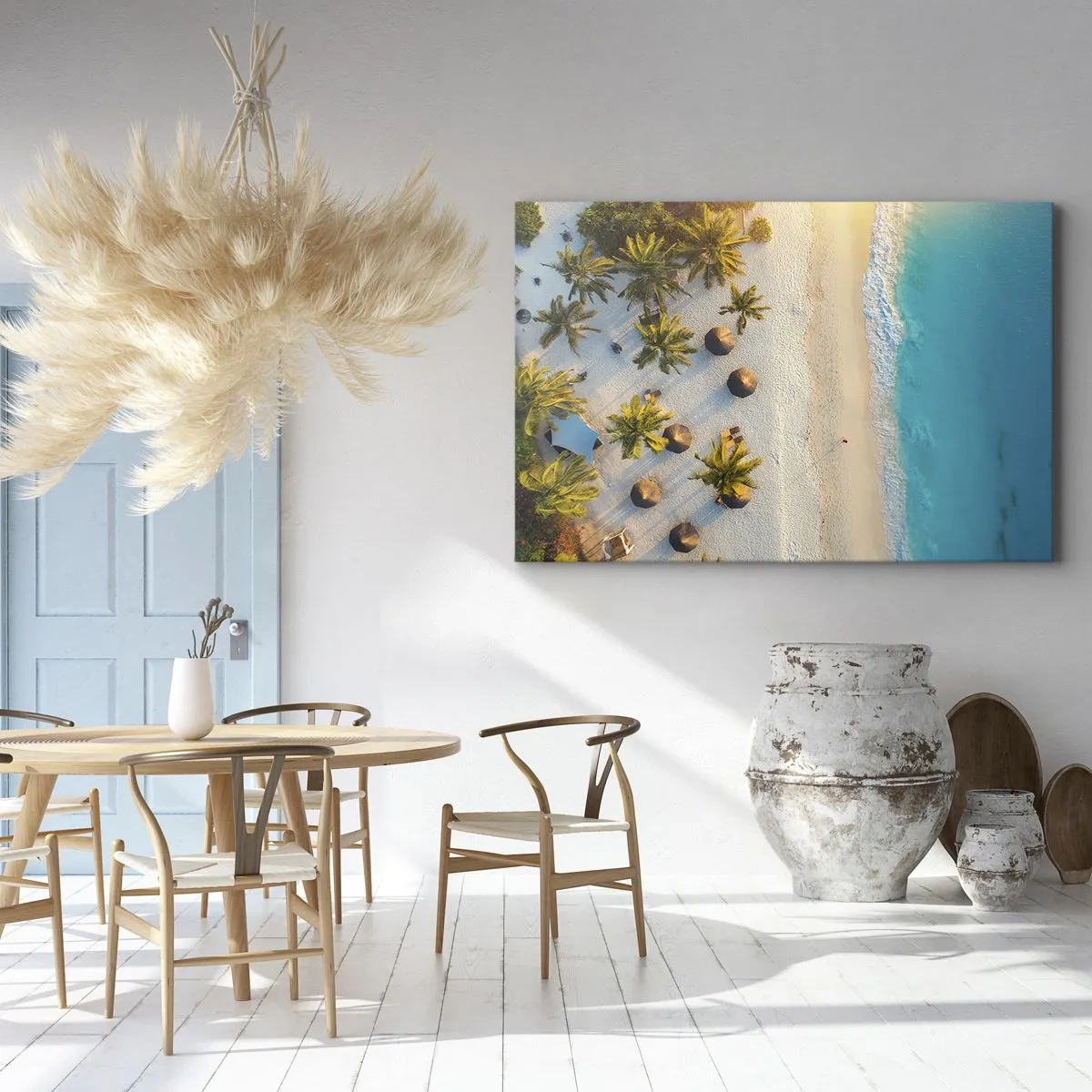 Obraz na płótnie - Widok na tropikalną plażę z palmami i turkusowym morzem - 70x50cm - Witaj w raju - Nowoczesna dekoracja ścienna do salonu i sypialni ARTTOR