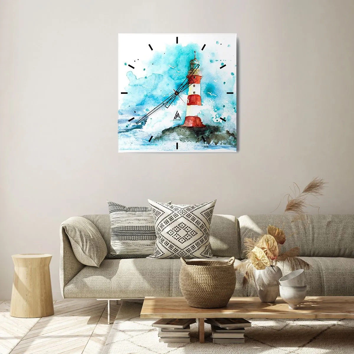 Zegar ścienny - Latarnia morska w akwarelowej scenerii z błękitnym tłem - 30x30cm - Jedność żywiołów - Nowoczesna dekoracja ścienna do salonu i sypialni ARTTOR