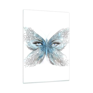 Obraz na szkle - Motyl z błękitnymi skrzydłami i ludzkimi oczami w artystycznym stylu - 50x70cm - Modraszek eros - Nowoczesna dekoracja ścienna do salonu, kuchni i sypialni ARTTOR