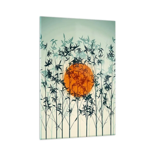 Obraz na szkle - Pomarańczowe słońce wśród bambusowych gałęzi - 80x120cm - Japońskie słońce - Nowoczesna dekoracja ścienna do salonu i sypialni ARTTOR