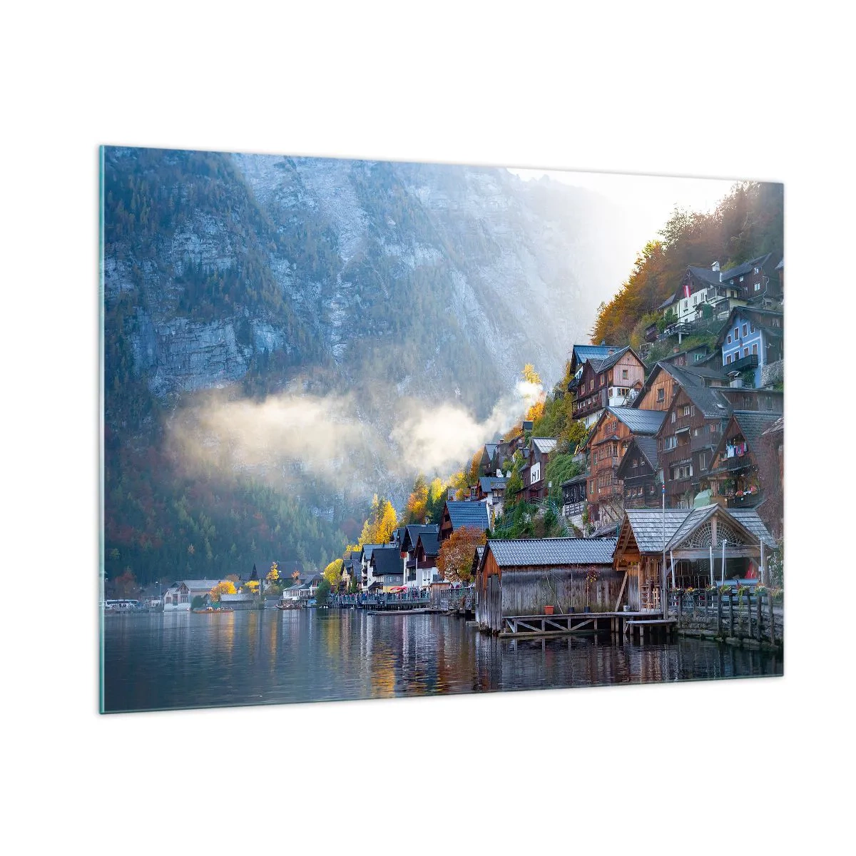 Obraz na szkle - Jesienny poranek w górskim miasteczku nad jeziorem - 100x70cm - Alpejskie klimaty - Nowoczesna dekoracja ścienna do salonu, kuchni i sypialni ARTTOR