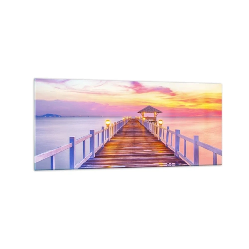 Obraz na szkle - Pomost nad wodą o zachodzie słońca w pastelowych barwach - 120x50cm - Liliowo-złota cisza wieczoru - Nowoczesna dekoracja ścienna do salonu i sypialni ARTTOR