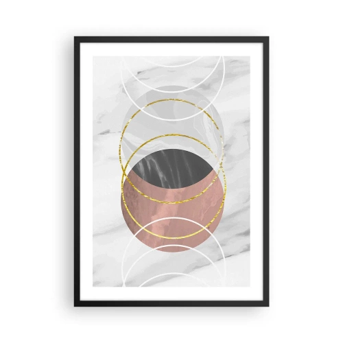 Plakat w czarnej ramie - Abstrakcyjna kompozycja z okręgami i złotymi akcentami - 50x70cm - Muzyka sfer - Nowoczesna dekoracja ścienna do salonu i sypialni ARTTOR