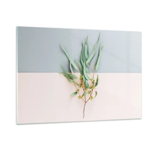 Obraz na szkle - Gałązka eukaliptusa na tle pastelowych kolorów - 120x80cm - Pastelowa subtelność - Nowoczesna dekoracja ścienna do salonu, kuchni i sypialni ARTTOR