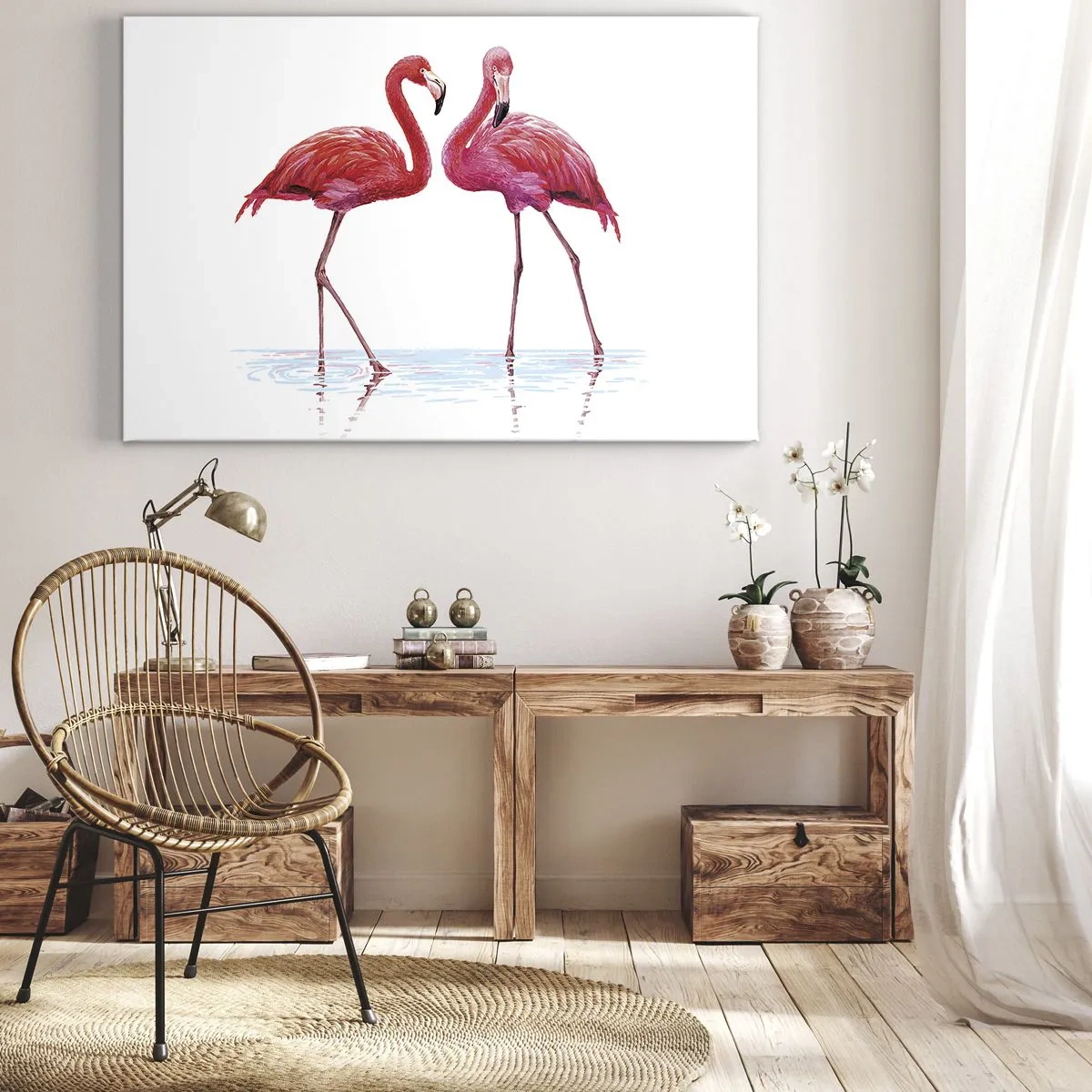 Obraz na płótnie - Para flamingów w wodzie na jasnym tle - 100x70cm - Różowe randez-vous - Nowoczesna dekoracja ścienna do salonu, kuchni i sypialni ARTTOR