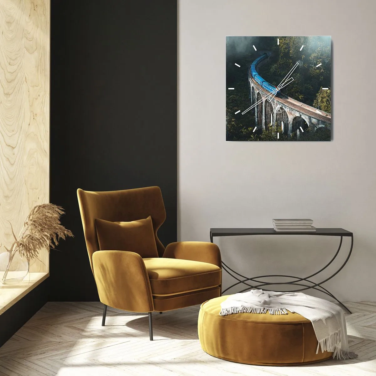 Zegar ścienny - Niebieski pociąg na zabytkowym wiadukcie wśród lasów - 30x30cm - Pociąg do natury - Nowoczesna dekoracja ścienna do salonu i sypialni ARTTOR