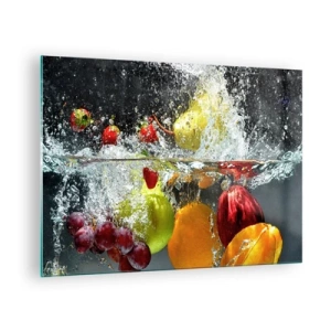 Obraz na szkle - Owoce zanurzone w wodzie z dynamicznymi rozbryzgami - 70x50cm - Owocowe orzeźwienie - Nowoczesna dekoracja ścienna do salonu i sypialni ARTTOR