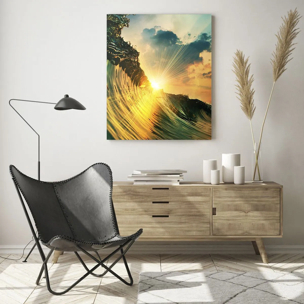 Obraz na szkle - Zachodzące słońce oświetlające fale oceanu - 50x70cm - Surferze, gdzie jesteś? - Nowoczesna dekoracja ścienna do salonu, kuchni i sypialni ARTTOR