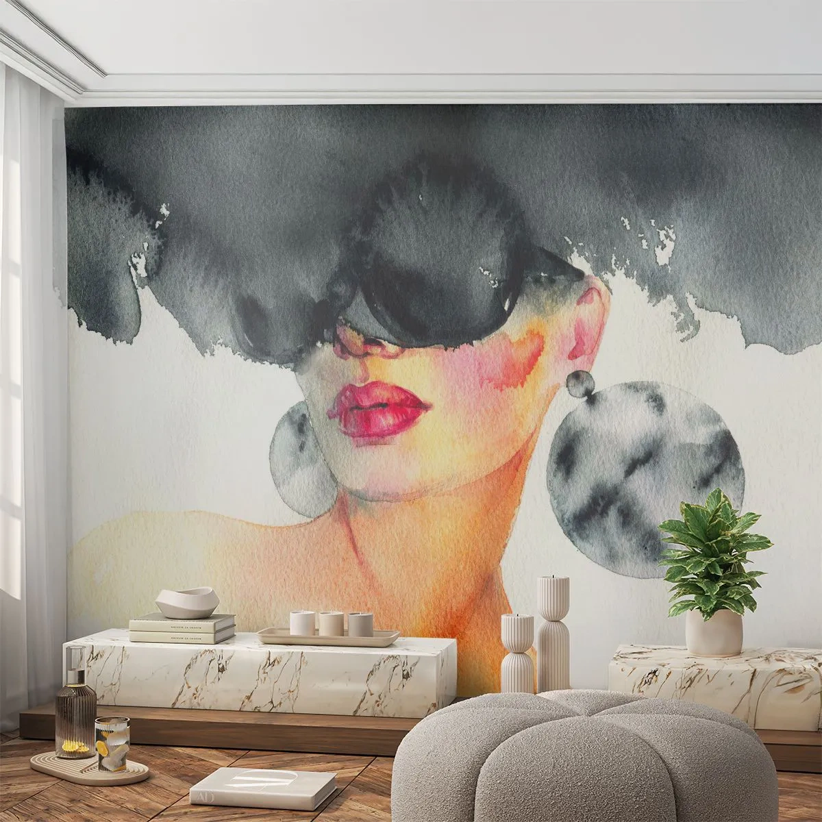 Fototapeta Premium Sand - Stylizowany portret kobiety w akwarelowym stylu - 100x70cm - Tajemnica elegancji - Nowoczesna dekoracja ścienna do salonu, kuchni i sypialni ARTTOR
