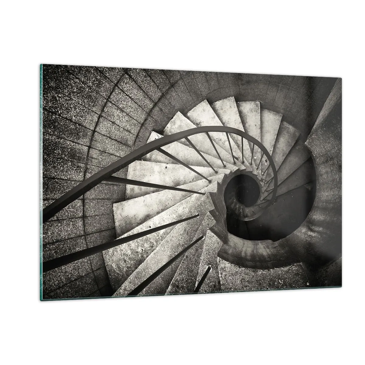 Obraz na szkle - Czarno-białe spiralne schody z perspektywy lotu ptaka - 120x80cm - Schodami w górę, schodami w dół - Nowoczesna dekoracja ścienna do salonu, kuchni i sypialni ARTTOR