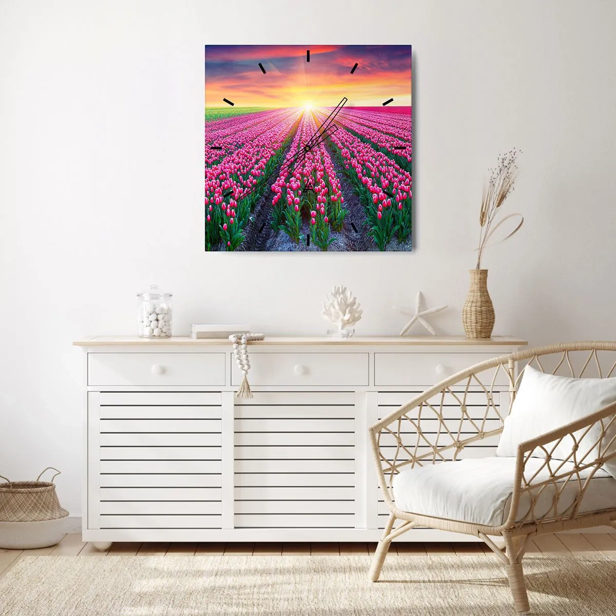 Zegar ścienny - Pole tulipanów o zachodzie słońca - 30x30cm - Farma piękności - Nowoczesna dekoracja ścienna do salonu i sypialni ARTTOR