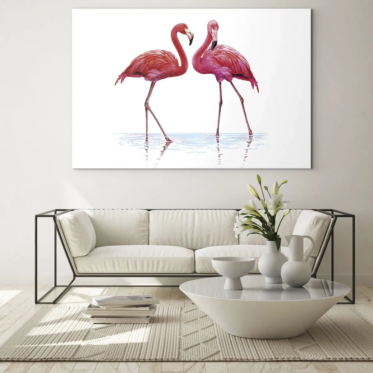 Obraz na szkle - Dwa różowe flamingi stojące w wodzie - 100x70cm - Różowe randez-vous - Nowoczesna dekoracja ścienna do salonu, kuchni i sypialni ARTTOR