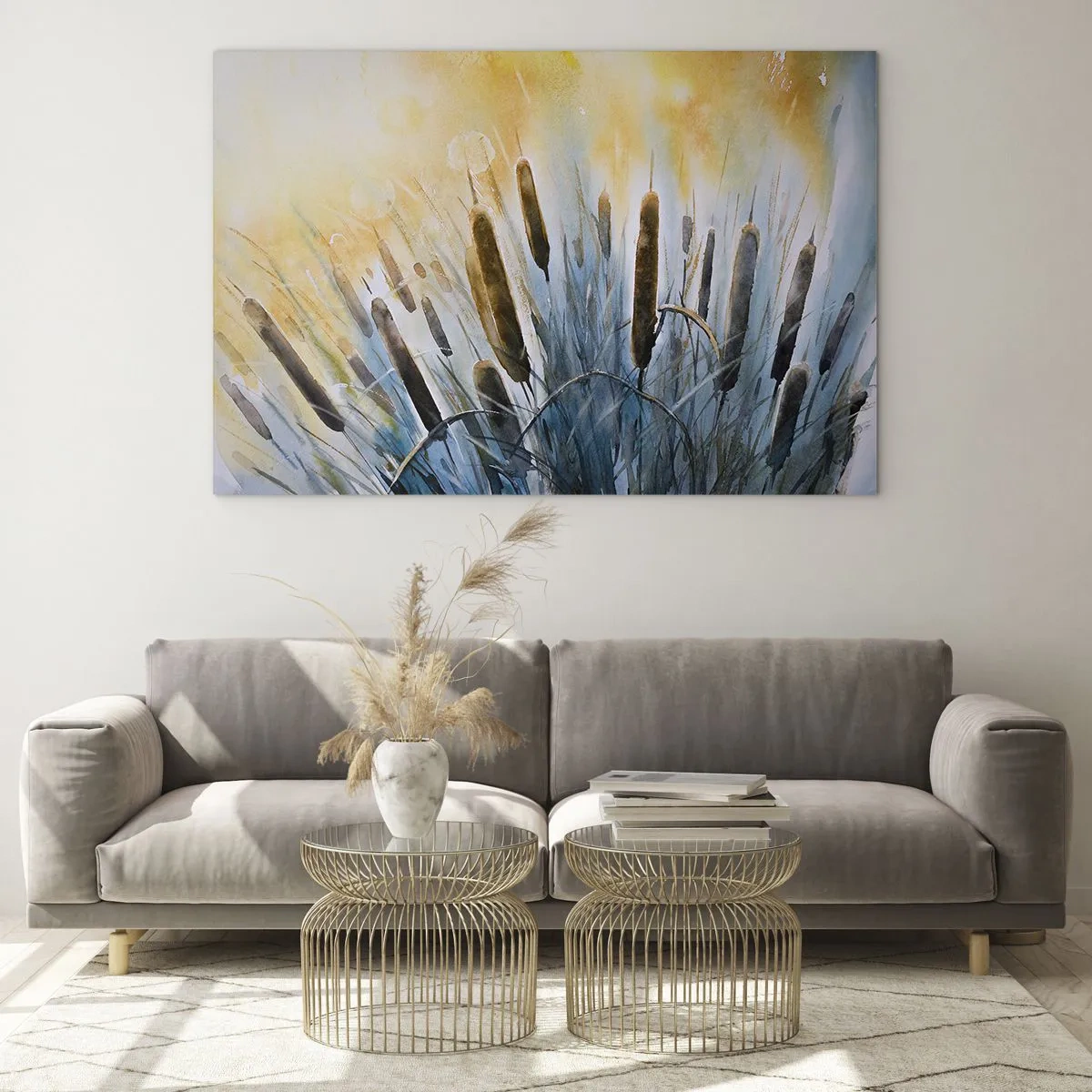 Obraz na szkle - Malowane pałki wodne na tle słonecznego nieba - 70x50cm - Chłód wody, słońca żar - Nowoczesna dekoracja ścienna do salonu i sypialni ARTTOR