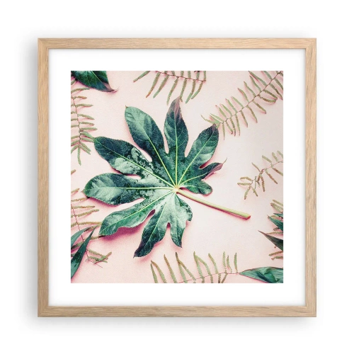Plakat w ramie jasny dąb - Studium zieleni na różowym tle - 40x40 cm