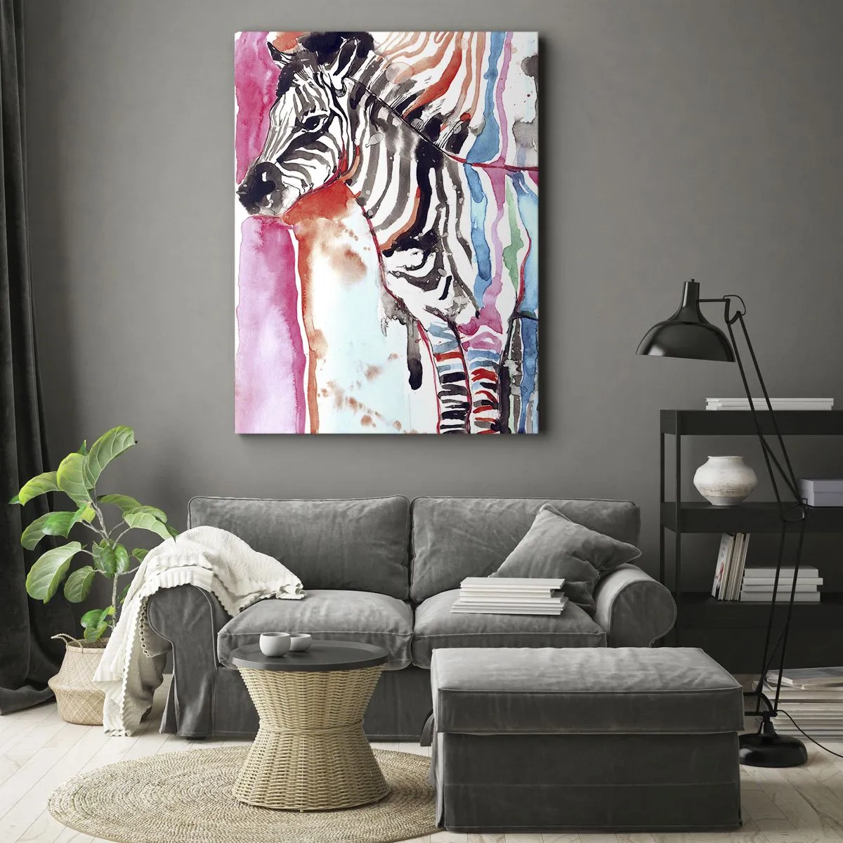 Obraz na płótnie - Abstrakcyjna akwarela zebry w otoczeniu kolorowych pasm - 50x70cm - Beztroski żart natury - Nowoczesna dekoracja ścienna do salonu, kuchni i sypialni ARTTOR