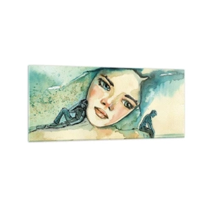 Obraz na szkle - Akwarela twarzy kobiety z refleksyjnym motywem - 120x50cm - Am I blue? - Nowoczesna dekoracja ścienna do salonu i sypialni ARTTOR