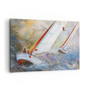 Obraz na płótnie - Żaglówki na wzburzonych falach w dynamicznej kompozycji - 100x70cm - Biegnące po falach - Nowoczesna dekoracja ścienna do salonu, kuchni i sypialni ARTTOR
