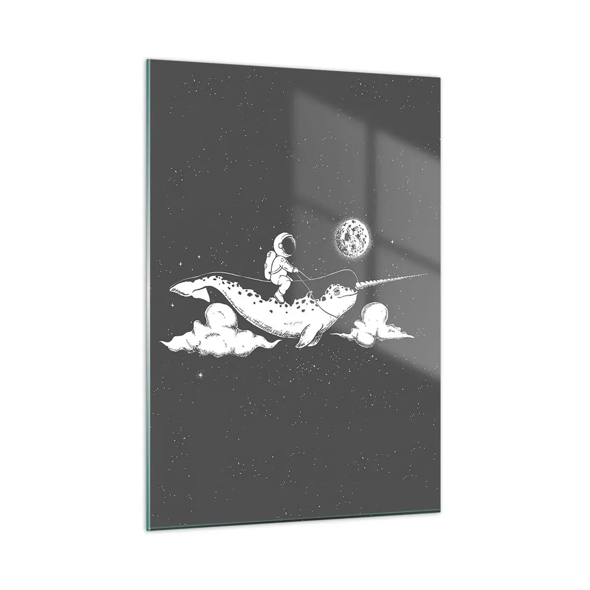Obraz na szkle - Astronauta lecący na narwalu w kosmicznej scenerii - 50x70cm - Kosmiczny jeździec - Nowoczesna dekoracja ścienna do salonu, kuchni i sypialni ARTTOR