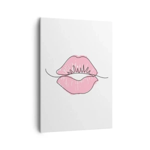 Obraz na płótnie - Różowe usta w minimalistycznym stylu na białym tle - 50x70cm - Gotowy do pocałunku? - Nowoczesna dekoracja ścienna do salonu, kuchni i sypialni ARTTOR