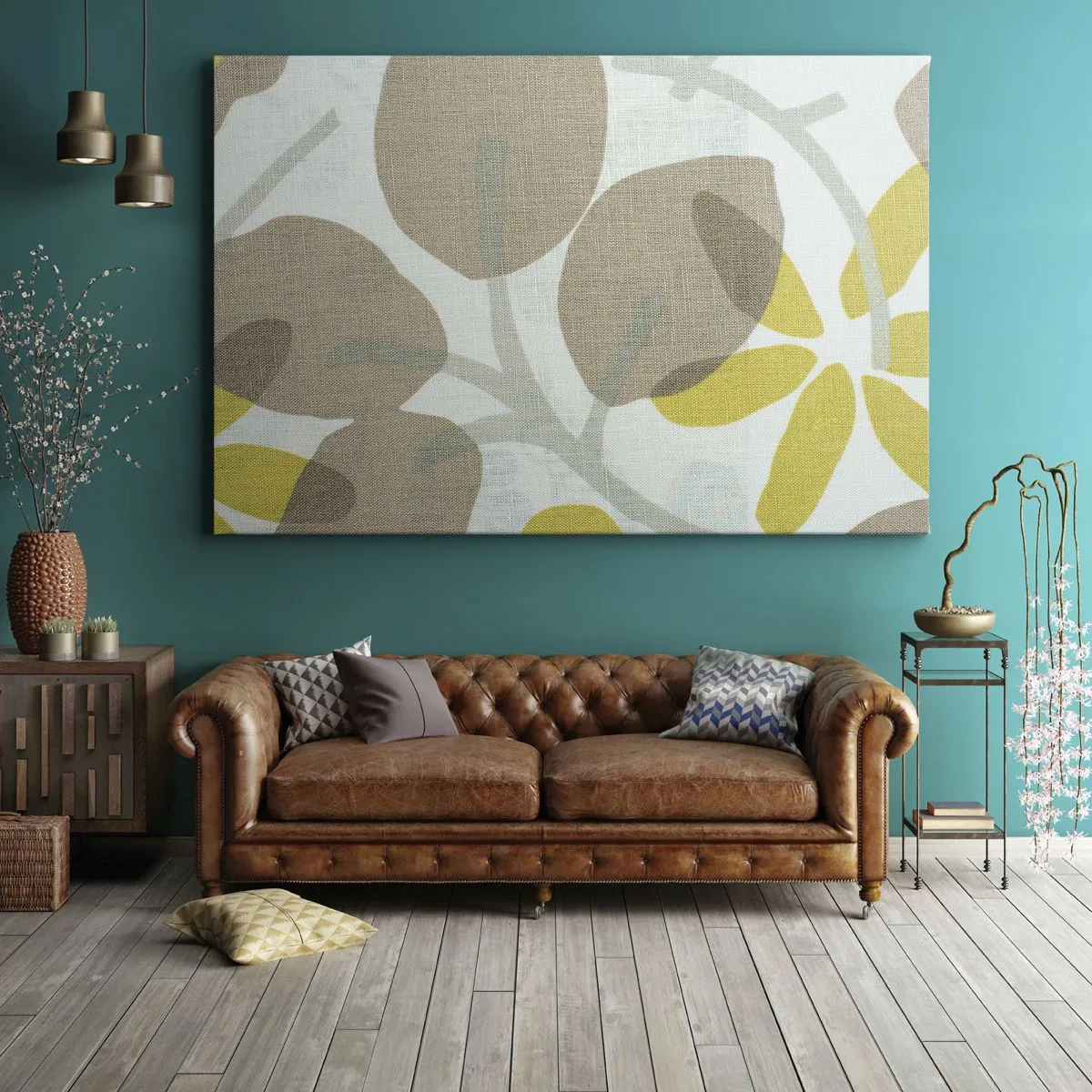 Obraz na płótnie - Abstrakcyjne liście w odcieniach beżu i żółci - 70x50cm - Kompozycja w pełnym słońcu - Nowoczesna dekoracja ścienna do salonu i sypialni ARTTOR