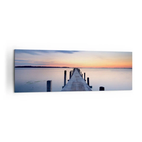 Obraz na płótnie - Drewniany pomost na jeziorze o zachodzie słońca - 160x50cm - Spokój pogodnego zmierzchu - Nowoczesna dekoracja ścienna do salonu i sypialni ARTTOR