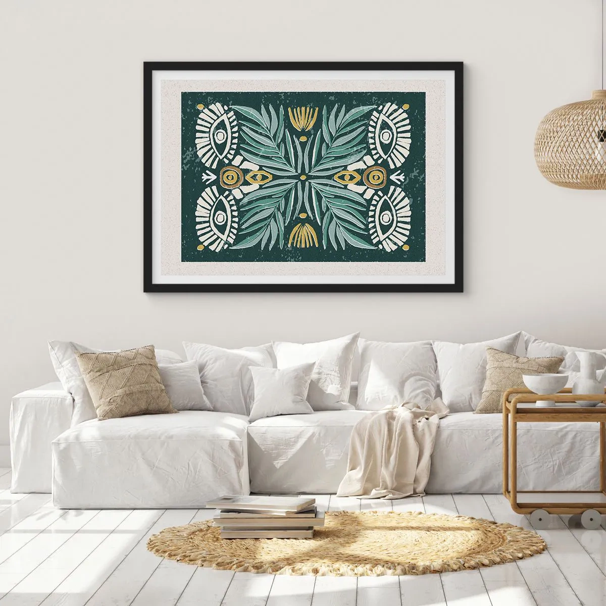 Plakat w czarnej ramie - Symetryczny wzór roślinny na zielonym tle - 70x50cm - Jak ludowa wycinanka - Nowoczesna dekoracja ścienna do salonu i sypialni ARTTOR