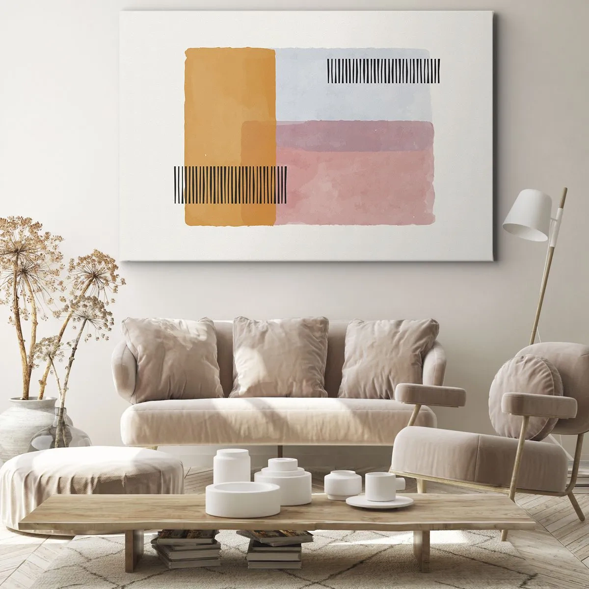Obraz na płótnie - Geometria w pastelowych kolorach z liniami na jasnym tle - 70x50cm - Z kąta w kąt - Nowoczesna dekoracja ścienna do salonu i sypialni ARTTOR