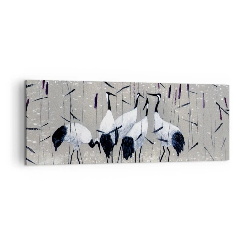 Obraz na płótnie - Czaple wśród traw na spokojnym tle - 140x50cm - Wśród swoich - Nowoczesna dekoracja ścienna do salonu i sypialni ARTTOR