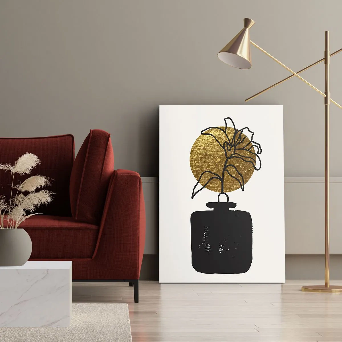 Obraz na płótnie - Minimalistyczna ilustracja kwiatu w wazonie na tle złotego koła - 50x70cm - Piękno na wagę złota - Nowoczesna dekoracja ścienna do salonu, kuchni i sypialni ARTTOR