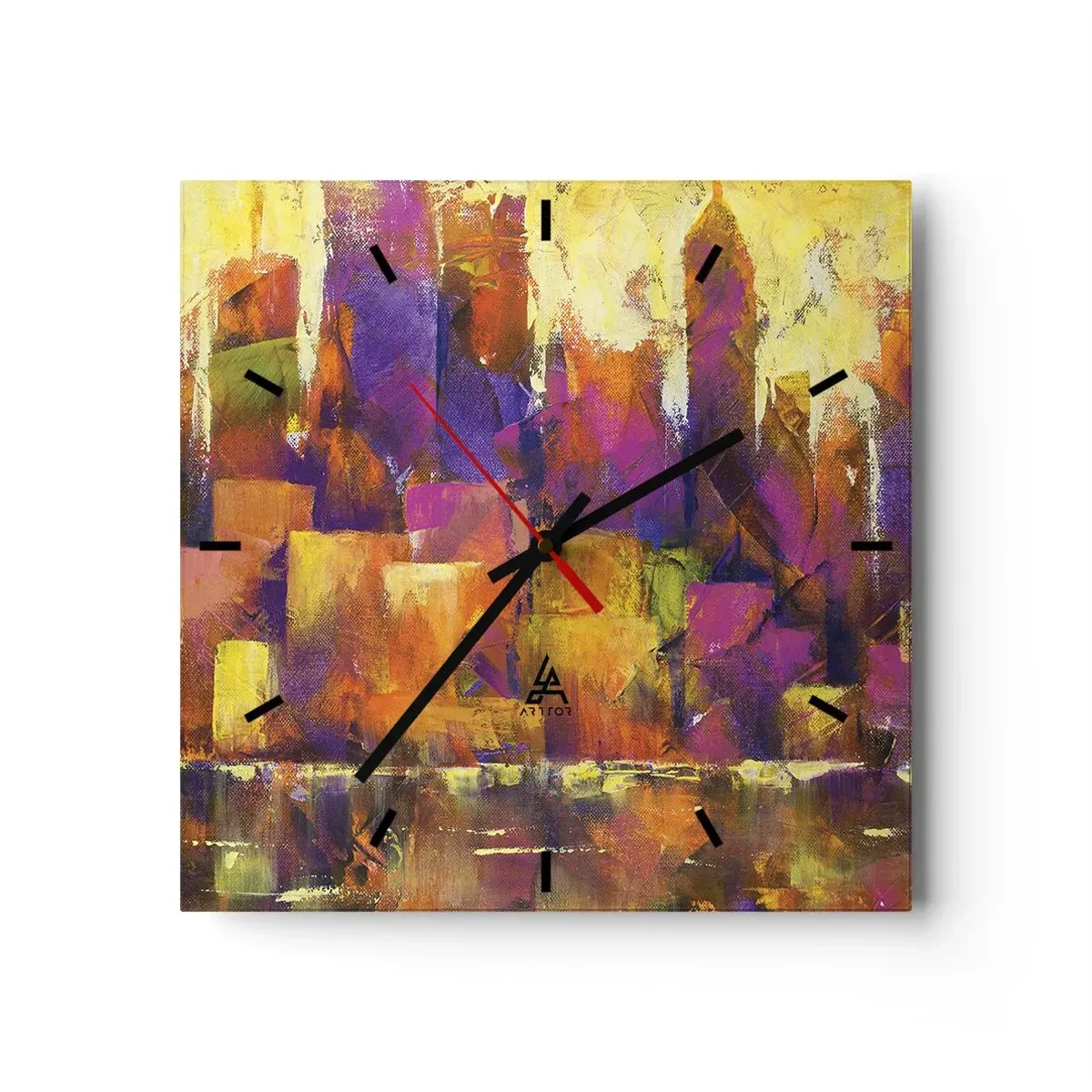 Zegar ścienny - Abstrakcyjna kompozycja metropolii w odcieniach żółci i fioletu - 30x30cm - Kompozycja metropolitalna - Nowoczesna dekoracja ścienna do salonu i sypialni ARTTOR