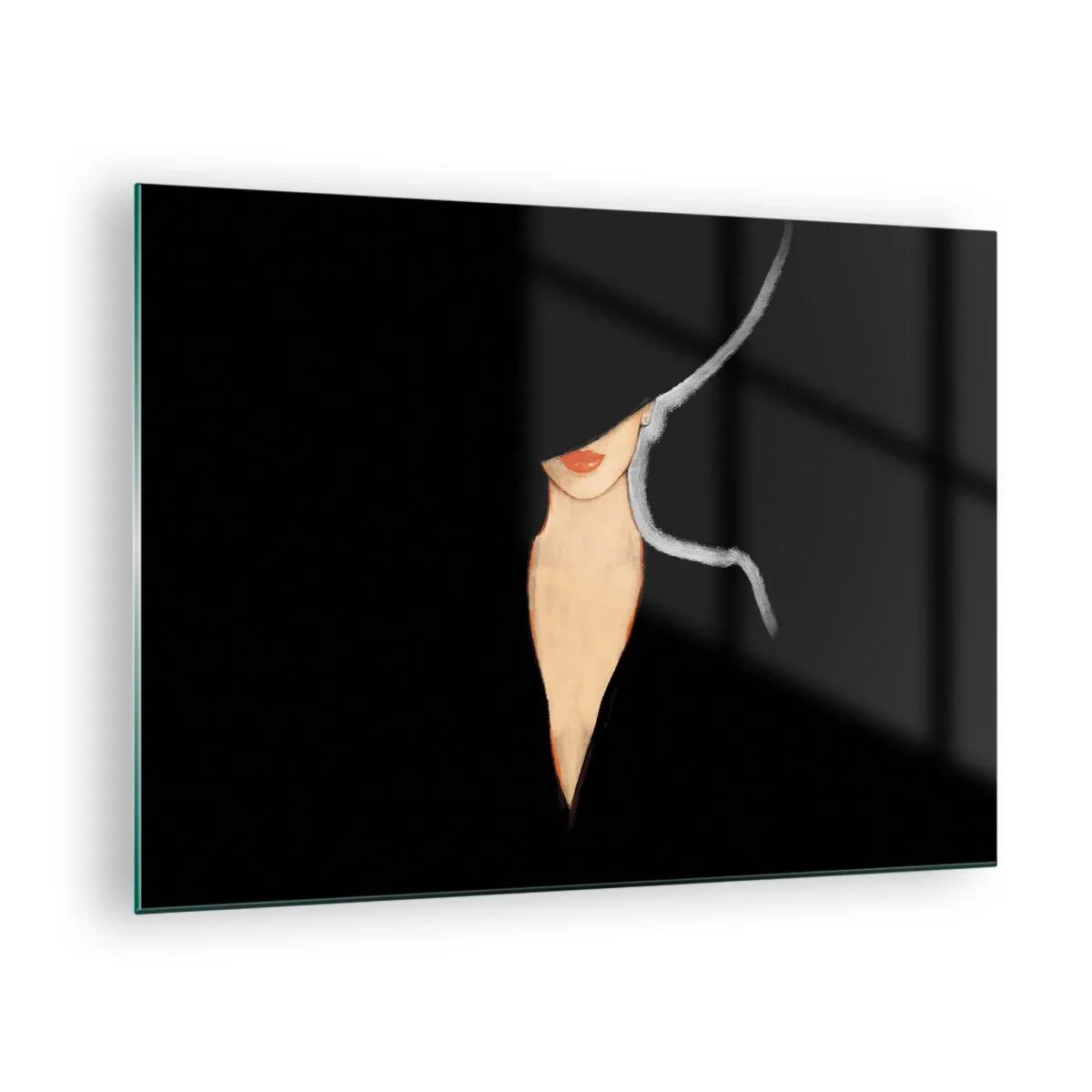 Obraz na szkle - Subtelny portret kobiety na czarnym tle - 70x50cm - Elegancja i styl - Nowoczesna dekoracja ścienna do salonu i sypialni ARTTOR