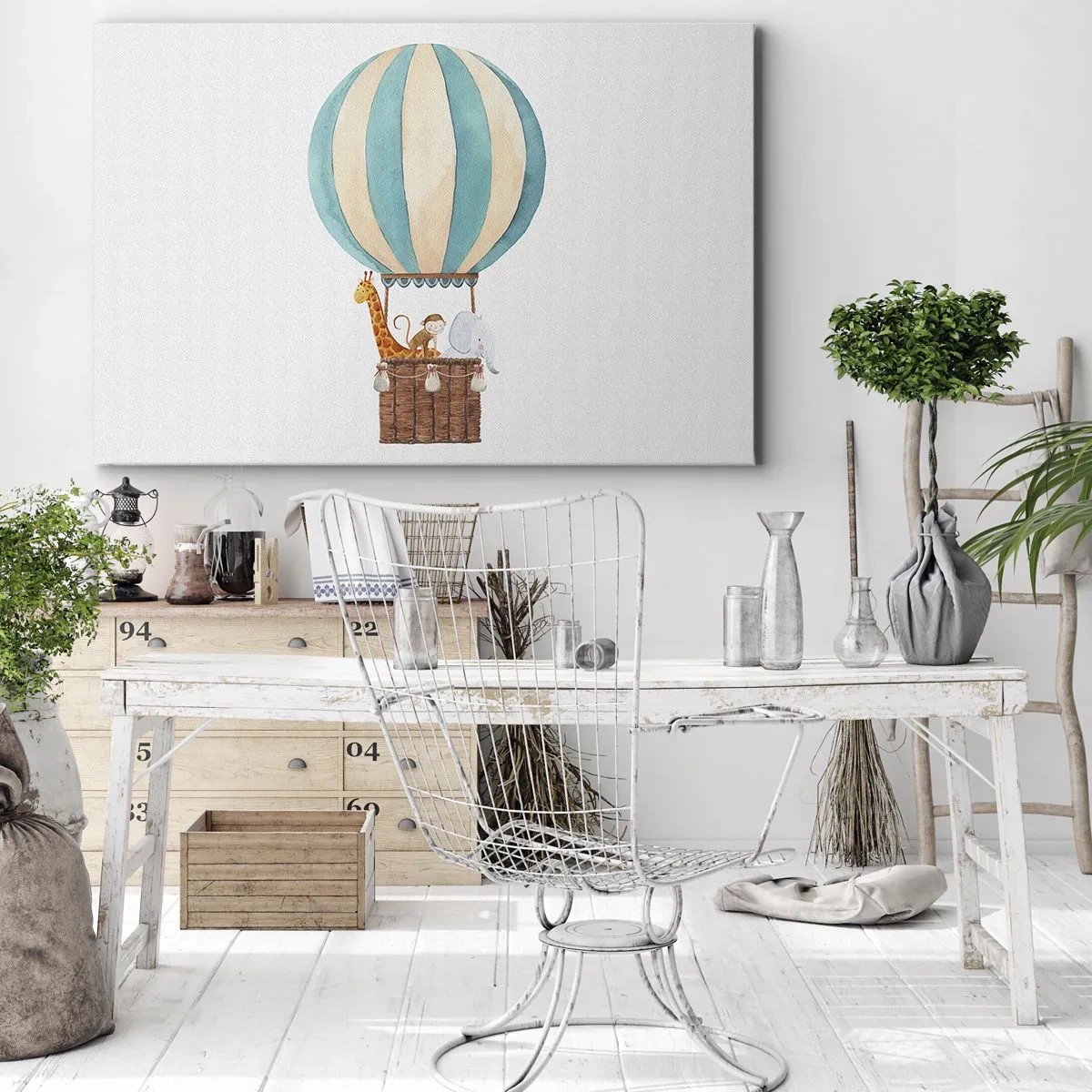 Obraz na płótnie - Balon z uroczymi zwierzętami w pastelowych barwach - 70x50cm - Fantastyczna wycieczka - Nowoczesna dekoracja ścienna do salonu i sypialni ARTTOR
