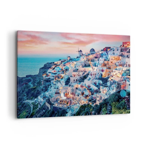 Obraz na płótnie - Santorini o zachodzie słońca z białymi budynkami na wzgórzu - 120x80cm - Twoje wielkie greckie wakacje - Nowoczesna dekoracja ścienna do salonu, kuchni i sypialni ARTTOR