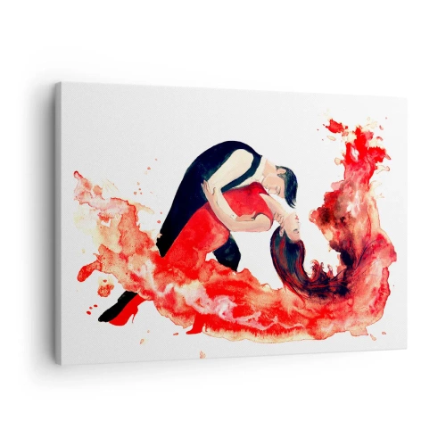 Obraz na płótnie - Dynamiczna akwarela tańczącej pary w czerwonych barwach - 70x50cm - Tango - zmysłowa fala - Nowoczesna dekoracja ścienna do salonu i sypialni ARTTOR