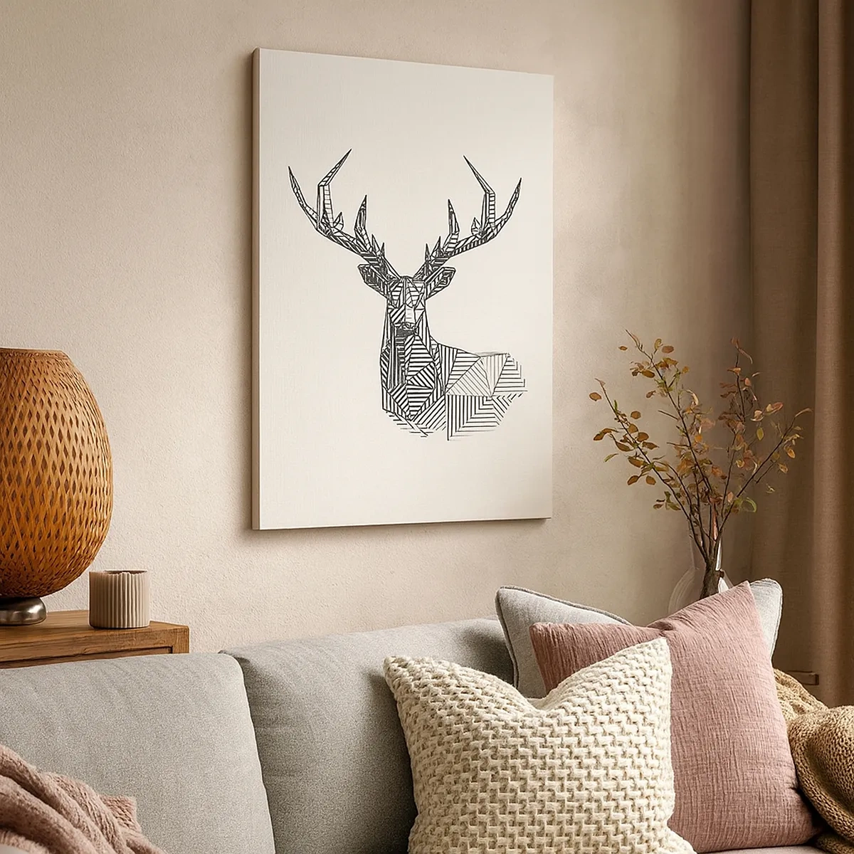 Obraz na płótnie - Geometryczny jeleń w stylu kubistycznym na jasnym tle - 50x70cm - Jeleń w kubistycznym stylu - Nowoczesna dekoracja ścienna do salonu, kuchni i sypialni ARTTOR