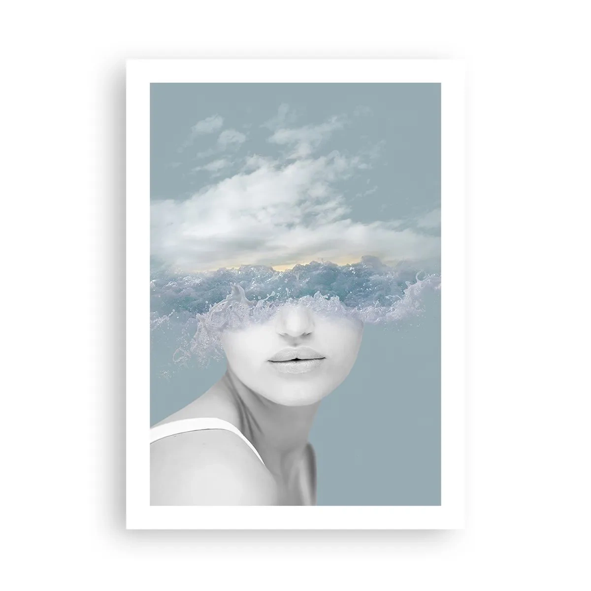 Plakat - Kobieta z falami oceanu zamiast oczu - 50x70cm - Z głową w chmurach - Nowoczesna dekoracja ścienna do salonu, kuchni i sypialni ARTTOR