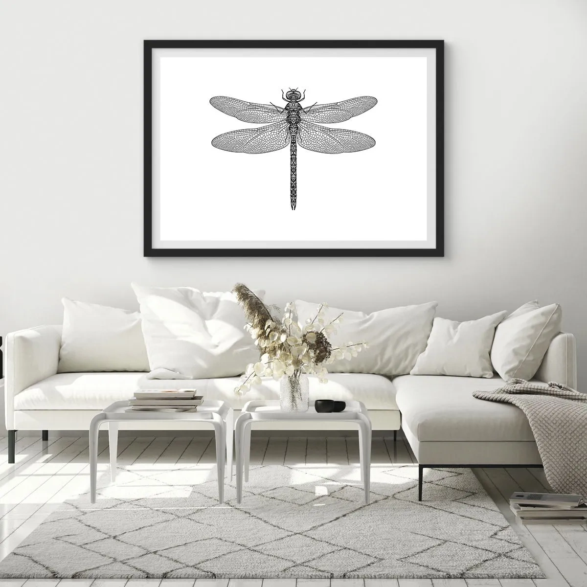 Plakat w czarnej ramie - Czarno-biały rysunek ważki na białym tle w minimalistycznym stylu - 70x50cm - Precyzja natury - Nowoczesna dekoracja ścienna do salonu i sypialni ARTTOR