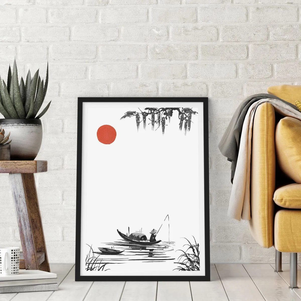 Plakat w czarnej ramie - Minimalistyczny obraz rybaka w łódce z czerwonym słońcem - 50x70cm - Azjatyckie popołudnie - Nowoczesna dekoracja ścienna do salonu i sypialni ARTTOR