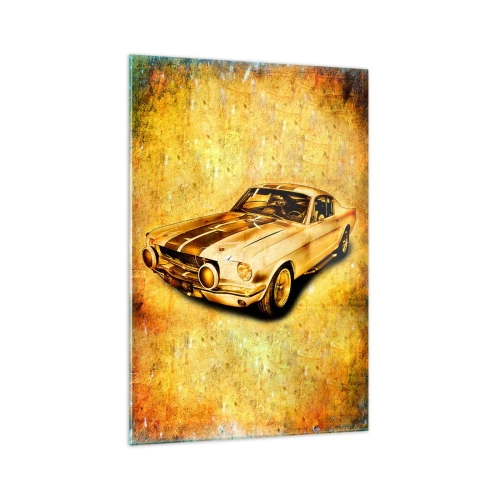Obraz na szkle - Klasyczny sportowy samochód retro na tle vintage w złotych odcieniach - 70x100cm - Szalone lata 70. - Nowoczesna dekoracja ścienna do salonu i sypialni ARTTOR